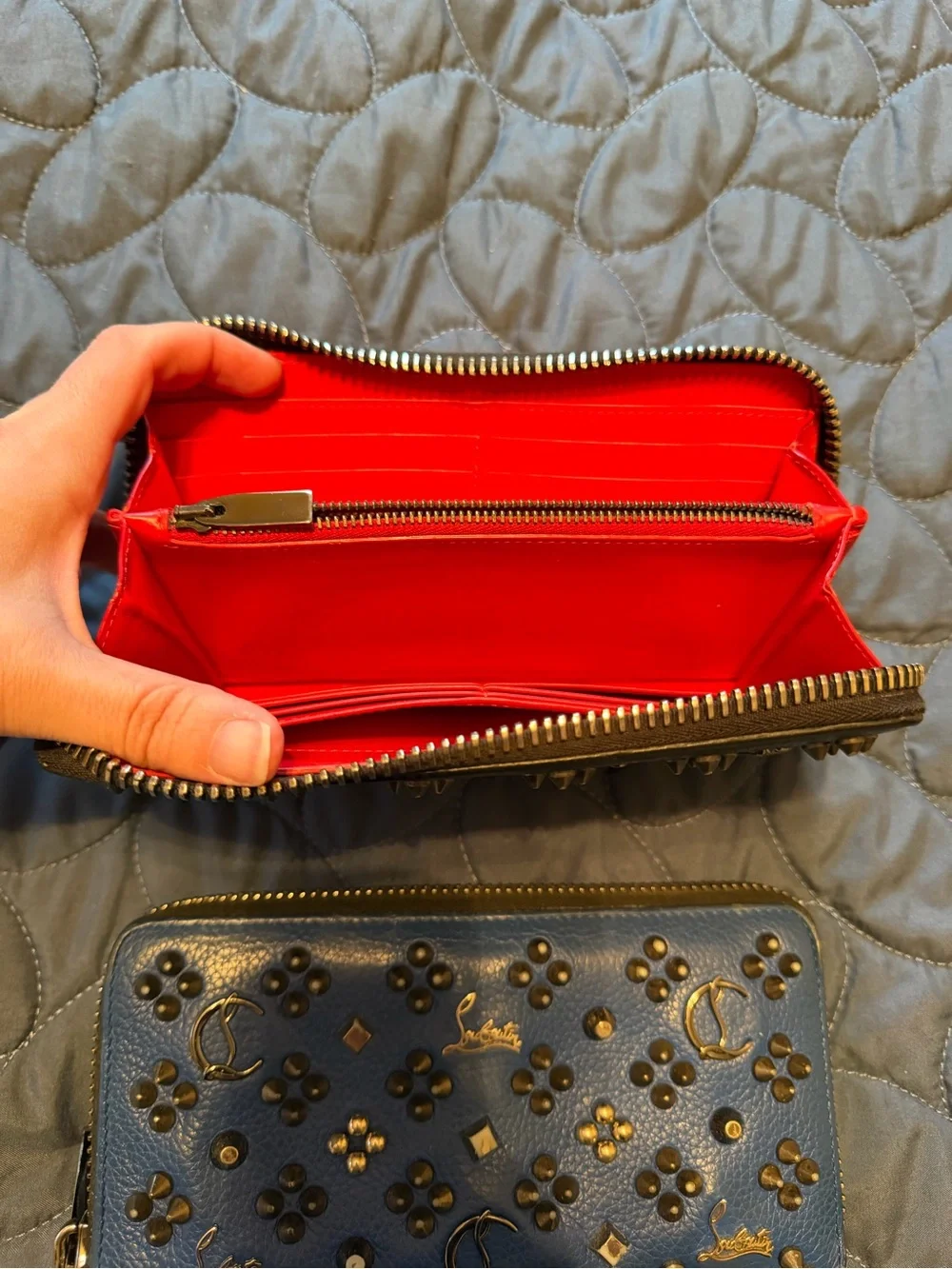 Christian Louboutin Embellished Zip-Around Wallets in Black and Blue - Picture 13 of 16